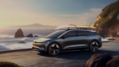 Staal en mobiliteit, een elektrische auto met een surfboard